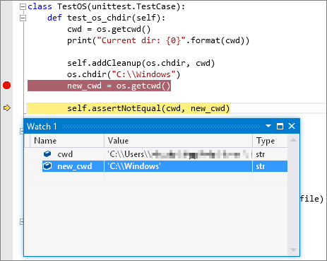 Captura de tela que mostra a saída de depuração para um teste unitário de Python no Visual Studio.