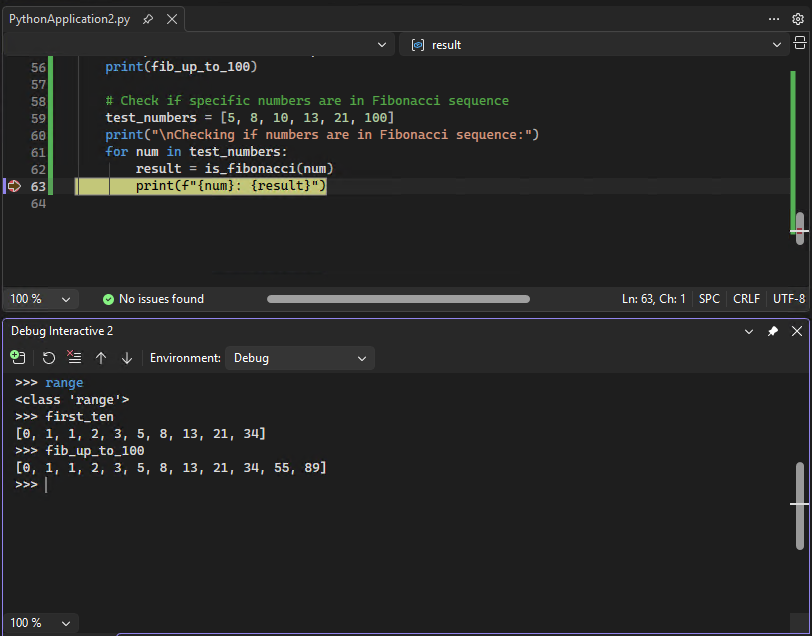 Screenshot que mostra como trabalhar com a janela interativa de depuração Python em Visual Studio.