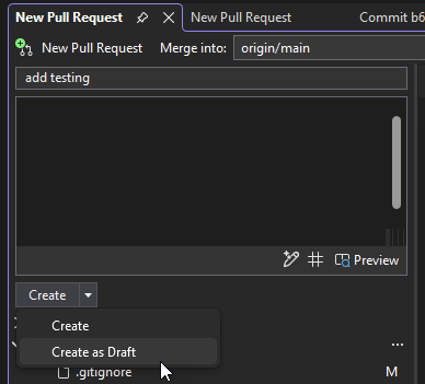Captura de tela mostrando a opção de criar um novo pull request como um rascunho.
