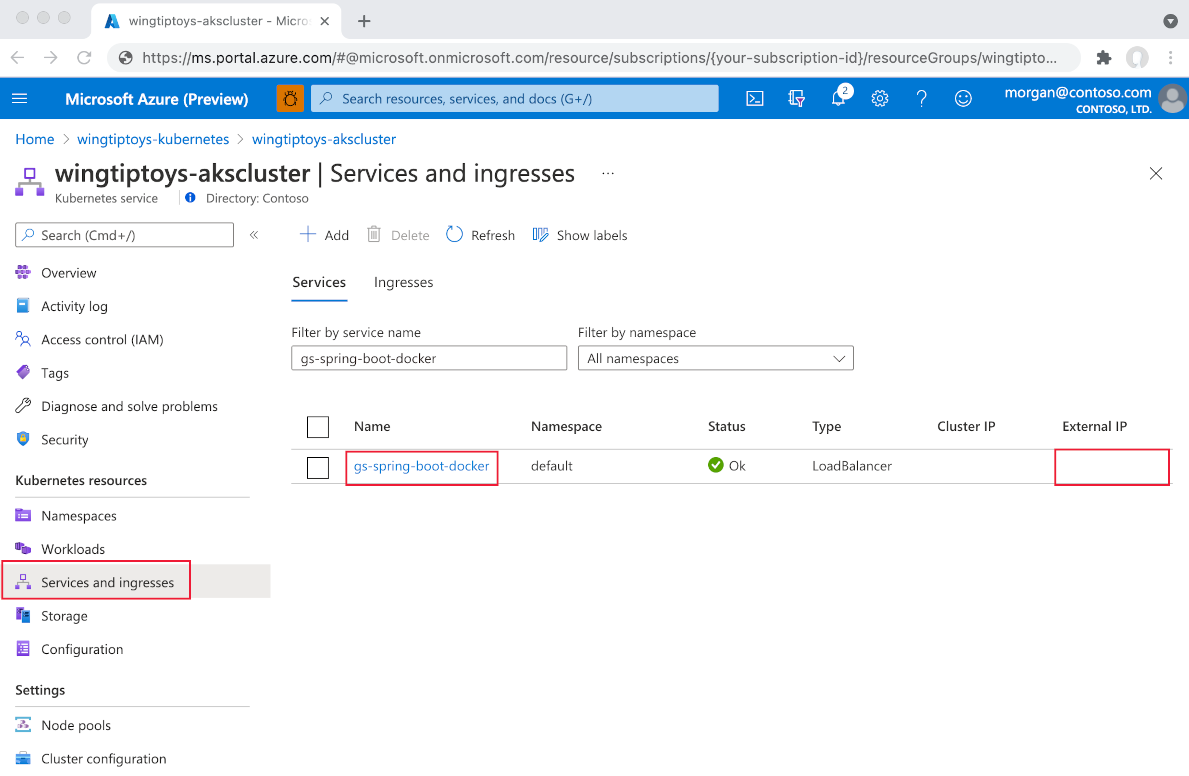 visualização de recursos do Kubernetes, lista de serviços, endereços externos destacados.