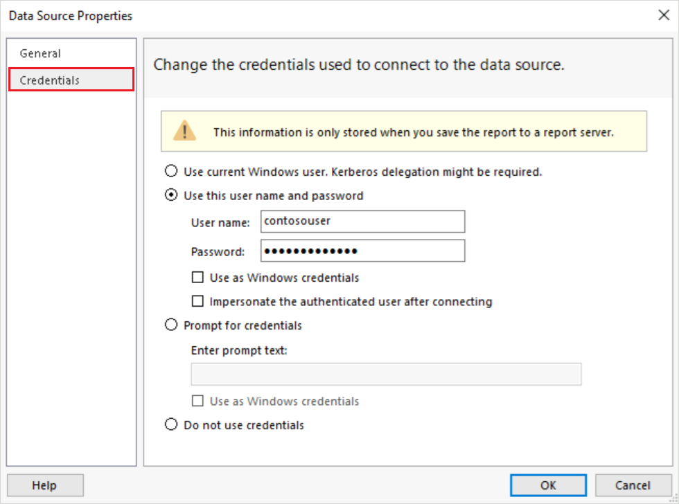 Captura de ecrã que mostra como configurar as opções de Credenciais no diálogo de Propriedades da Fonte de Dados.