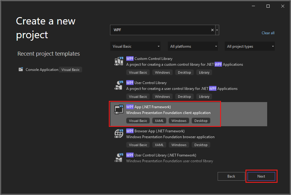 Captura de ecrã do diálogo 'Criar um novo projeto' com 'WPF' introduzido na caixa de pesquisa, 'Visual Basic' selecionado na lista de línguas e o modelo do projeto 'WPF App (.NET Framework)' destacado.
