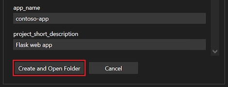 Captura de tela que mostra o botão Criar e abrir pasta após a lista de opções de modelo.