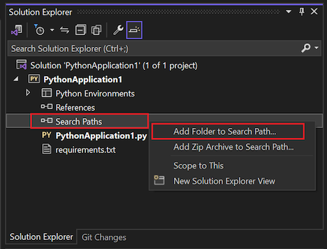 Captura de tela mostrando como acessar o comando Adicionar Pasta ao Caminho de Pesquisa em Caminhos de Pesquisa em um projeto Python no gerenciador de soluções.