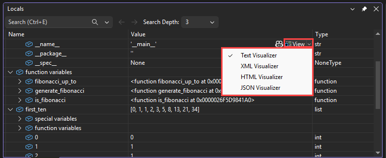 Captura de ecrã que mostra como aceder aos visualizadores a partir da lupa do menu Ver no depurador do Visual Studio.