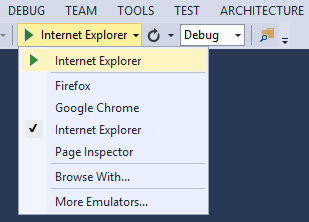 Visual Studio 的屏幕截图，工具栏和下拉菜单中突出显示了箭头图标，其中显示了浏览器列表。