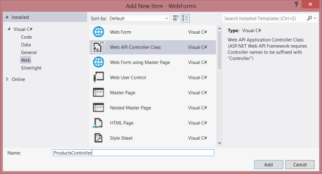 显示如何将新 Web 项添加为 Web A P I 控制器类的屏幕截图，并将其标记为名称字段中的产品控制器。