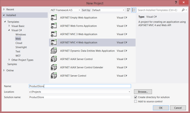 Visual Studio 新建项目窗口的截图。突出显示了 ASP.NET MVC 4 Web 应用程序。