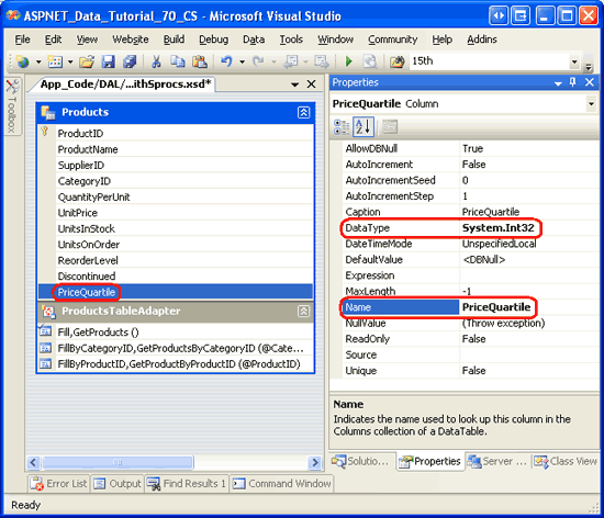 设置新列的名称和 DataType 属性