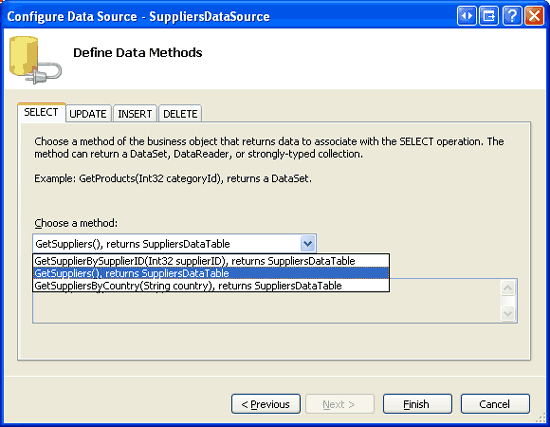 将 ObjectDataSource 配置为使用 SuppliersBLL 类的 GetSuppliers 方法