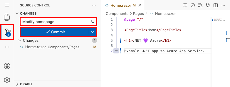 浏览器中 Visual Studio Code 的屏幕截图，源代码管理面板带有“我们喜欢 Azure”的提交消息，突出显示了“提交和推送”按钮。