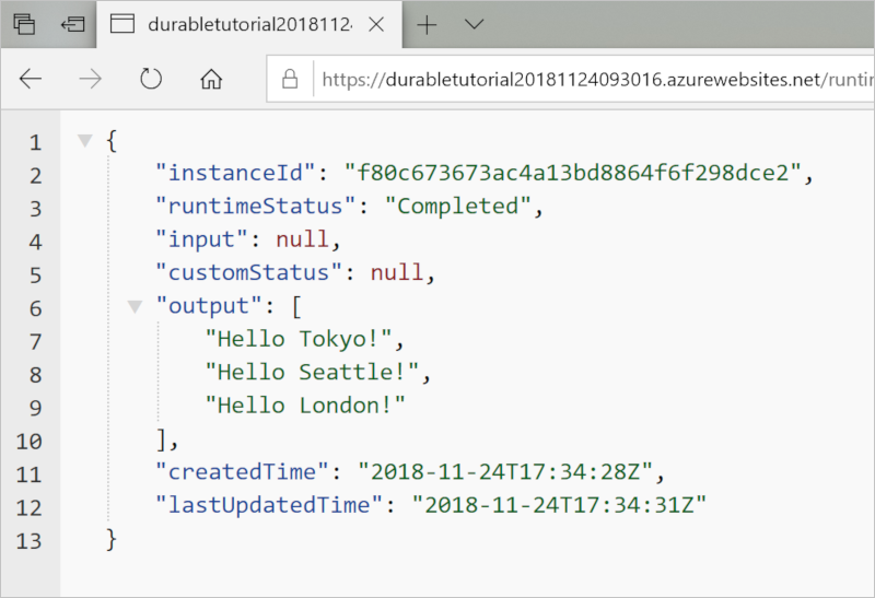 在 Azure 中运行的已完成的 Python Durable Functions 应用的屏幕截图。