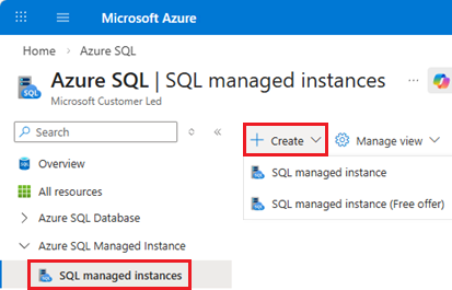 Azure 门户中 Azure SQL 中心页的 SQL 托管实例页的屏幕截图，其中显示了“+创建”按钮。