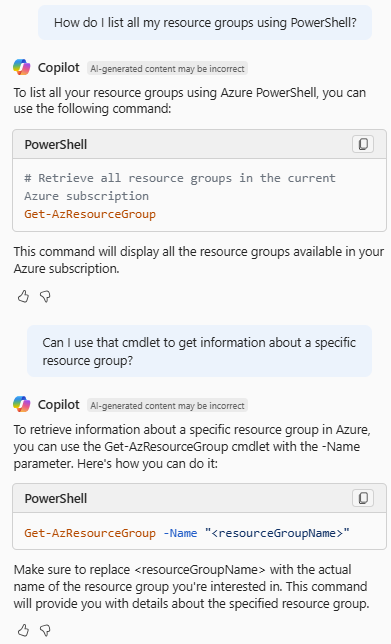 Azure Copilot 的屏幕截图，其中提供了用于列出资源组的 PowerShell cmdlet。
