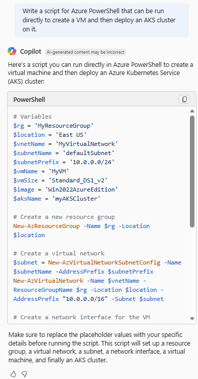 Azure Copilot 提供的 PowerShell 脚本的屏幕截图，该脚本用于创建 VM 并部署 AKS 群集。