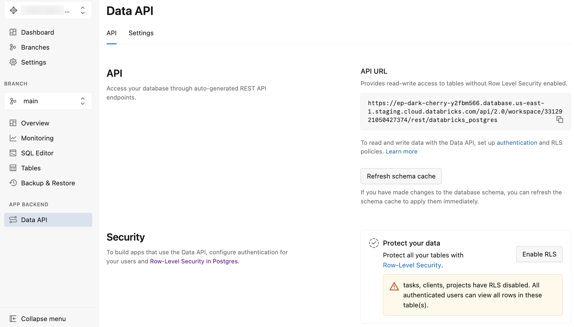 显示 API URL 和安全选项的数据 API 页
