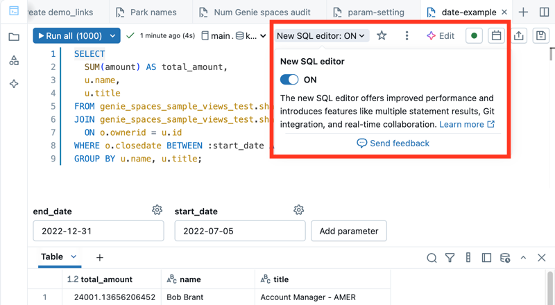 显示 SQL 编辑器的屏幕截图，其中已关闭新的查询编辑器