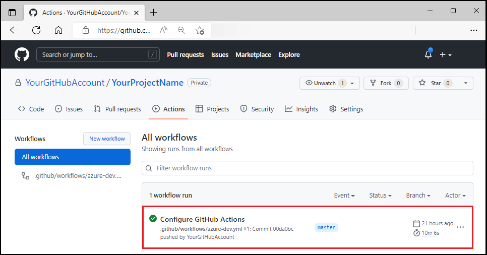 GitHub 工作流运行的截图。