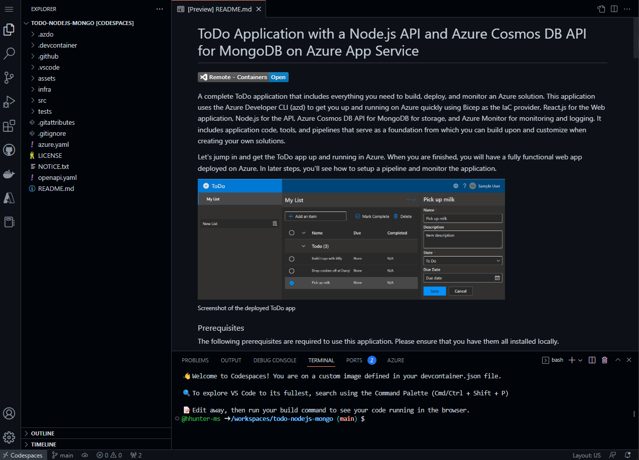 屏幕截图显示了新 Codespace 启动后的样子。