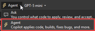 显示 Visual Studio 2022 聊天区域中的模式菜单的屏幕截图。