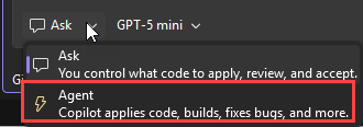 显示 Visual Studio 2026 聊天区域中的模式菜单的截图。