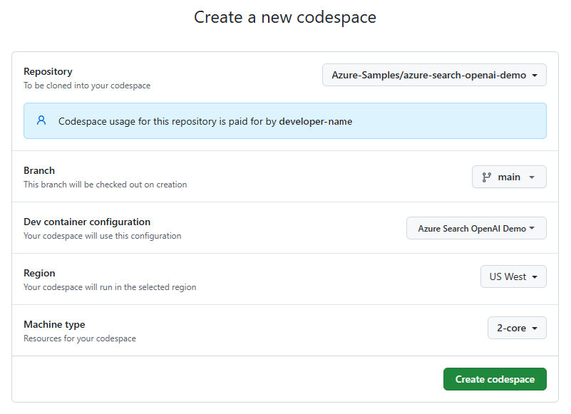 用于为示例创建新的 GitHub codespace 的确认界面截图。