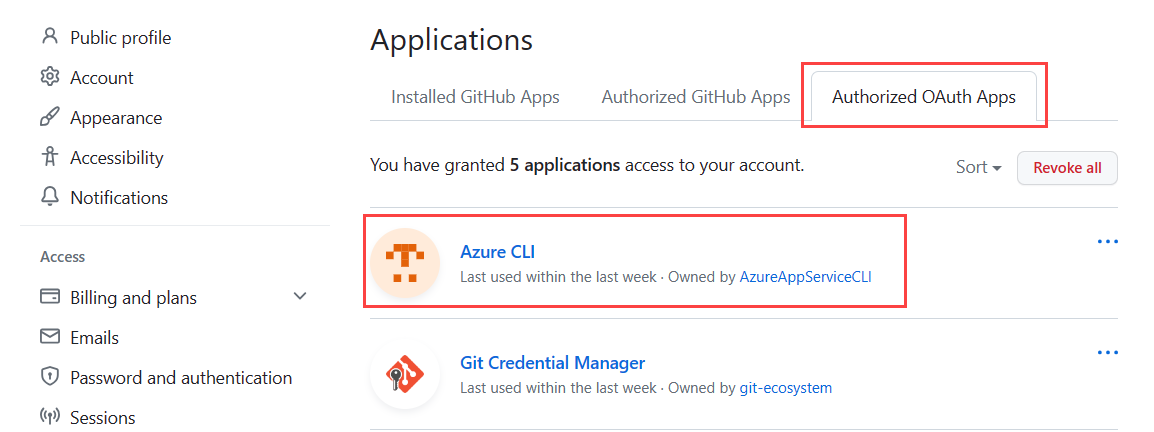 显示如何查看 GitHub 帐户的授权 OAuth 应用的屏幕截图。