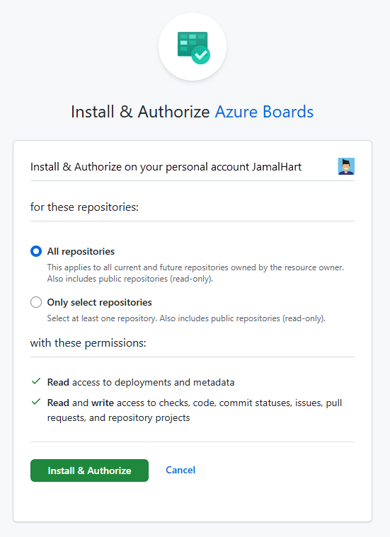 屏幕截图显示了“安装和授权”页，其中选择了所有存储库。