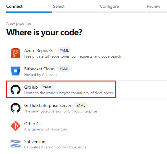 选择 GitHub 作为代码位置的屏幕截图。