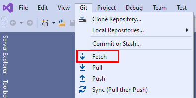 Visual Studio 2019 的 Git 菜单中“提取”选项的屏幕截图。
