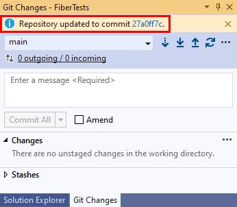 Visual Studio 2019 的“Git 更改”窗口中拉取确认消息的屏幕截图。
