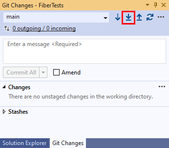 Visual Studio 2019 的“Git 更改”窗口中的“拉取”按钮的屏幕截图。