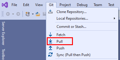 Visual Studio 2019 中 Git 菜单中的“拉取”选项的屏幕截图。