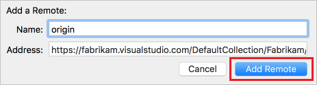 显示如何将远程存储库添加到 Xcode 项目的本地 Git 存储库以连接到 Azure DevOps Services 的屏幕截图。