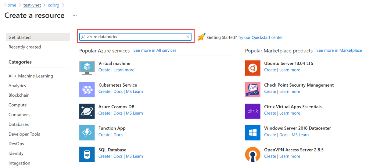 显示搜索 Azure Databricks 的屏幕截图。