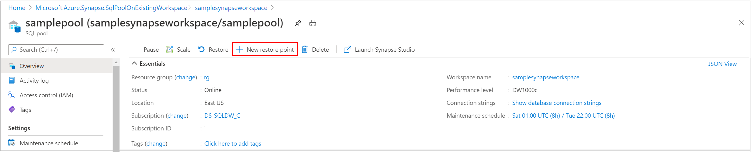 Azure 门户的屏幕截图，位于 SQL 池的“概述”页上。突出显示了“新建还原点”按钮。