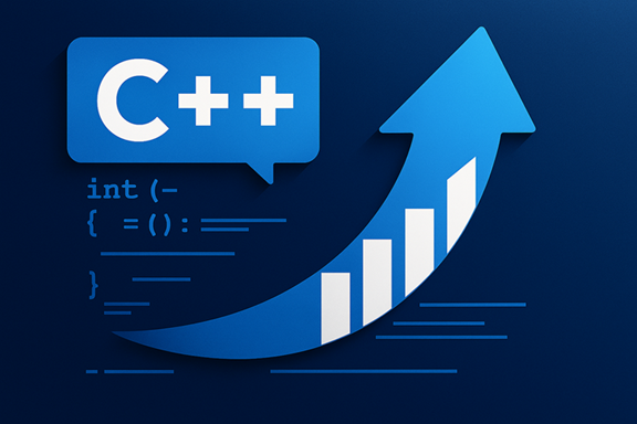 在蓝色背景上，C++的徽标展示了向上箭头和抽象代码，暗示通过升级得到的改进。