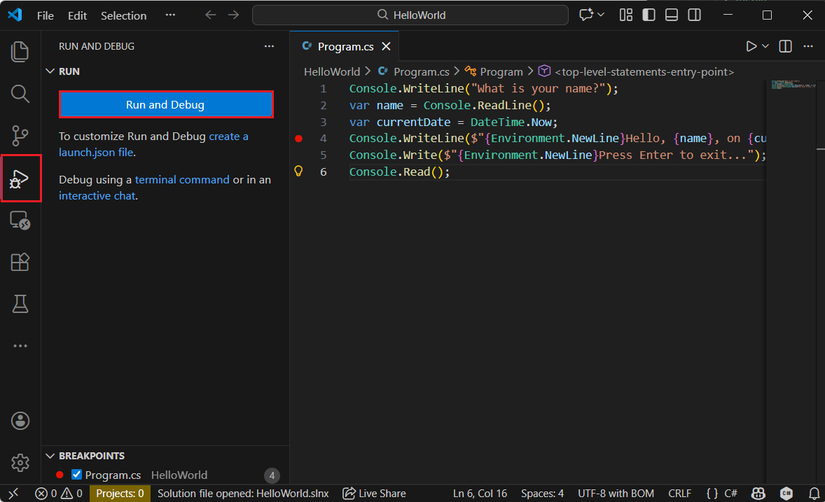 在Visual Studio Code中打开“调试”选项卡