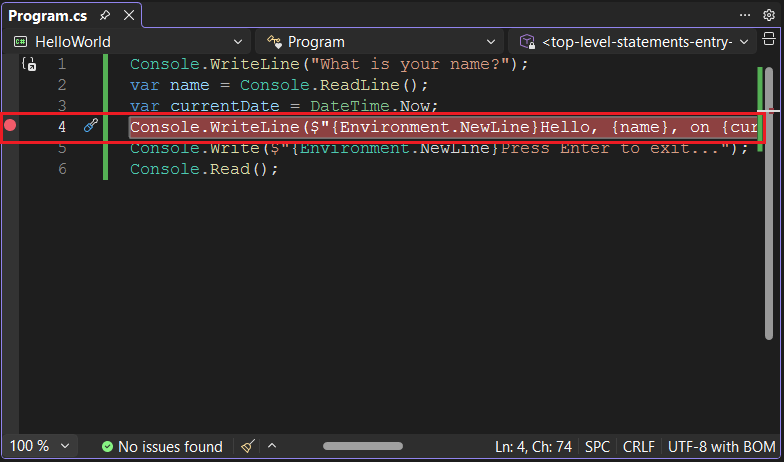 Visual Studio 带断点集的程序窗口