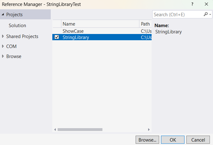 将 StringLibrary 添加为 StringLibraryTest 的项目引用。