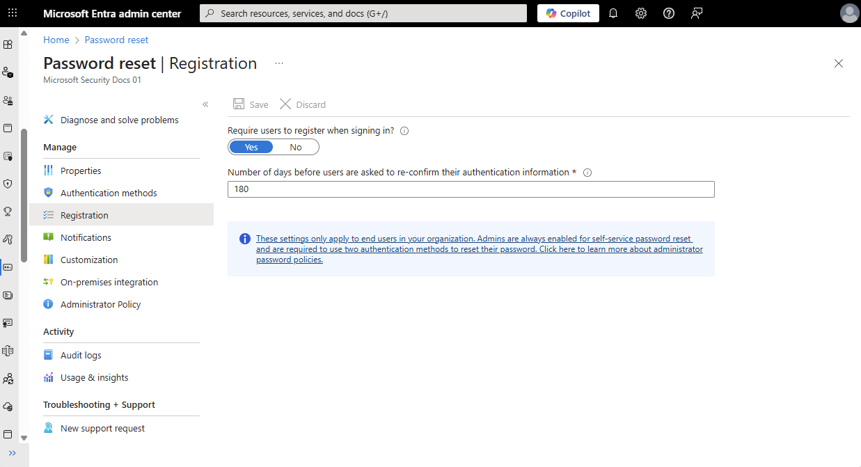 Microsoft Entra ID 的密码重置注册的屏幕截图。