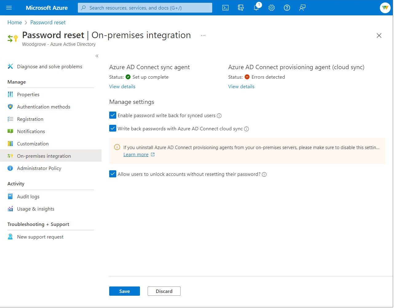 启用 Microsoft Entra 的密码写回自助式密码重置功能