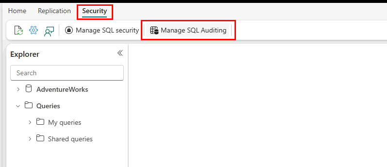 Fabric 门户中的屏幕截图，其中显示了“安全”选项卡和“管理 SQL 审核”按钮。
