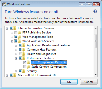显示打开或关闭页面的 Windows 功能对话框窗口的屏幕截图。突出显示了 H T T P 压缩动态。
