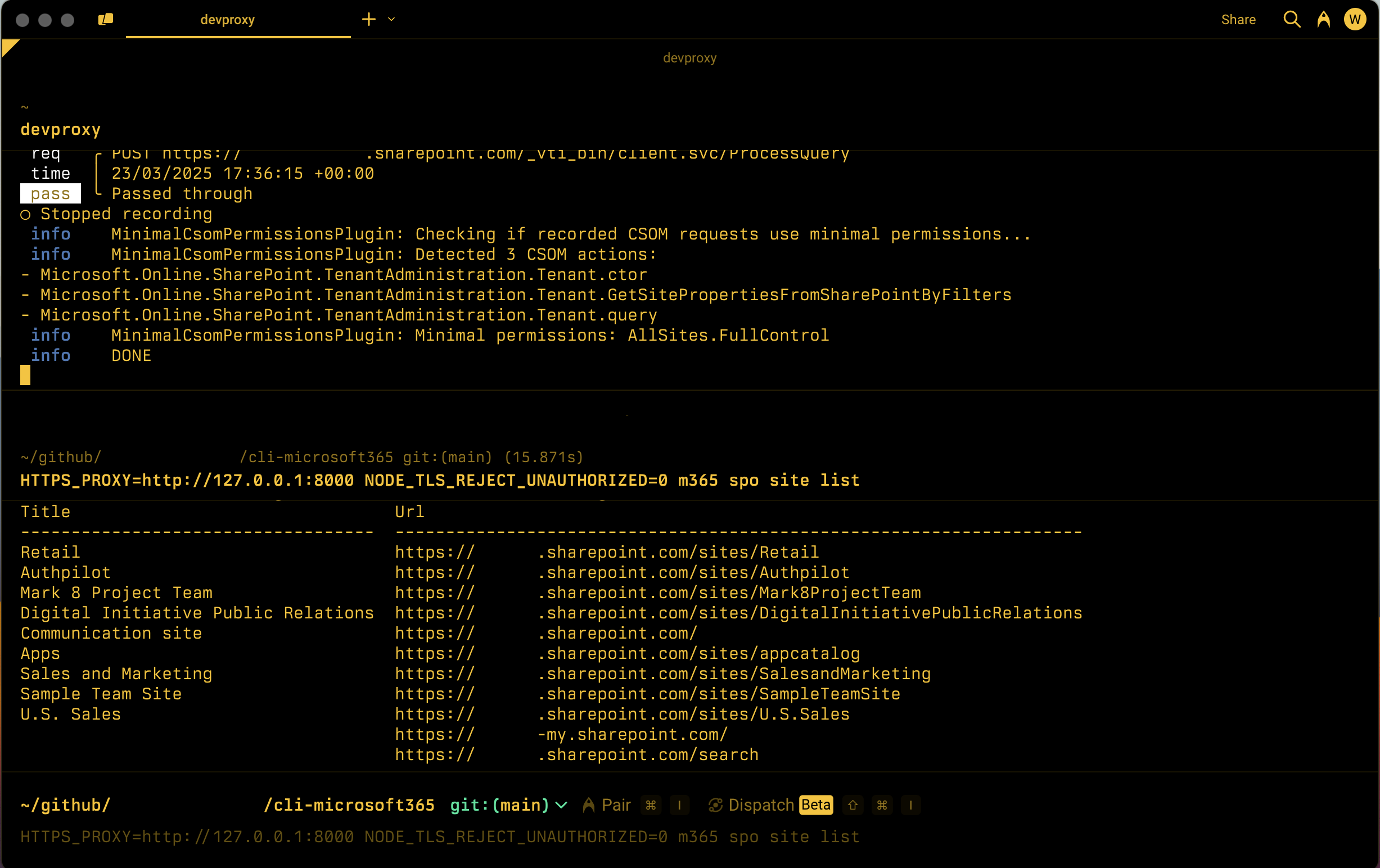 命令行的屏幕截图，其中显示了开发代理列出了调用记录的 SharePoint CSOM API 集所需的最小权限。