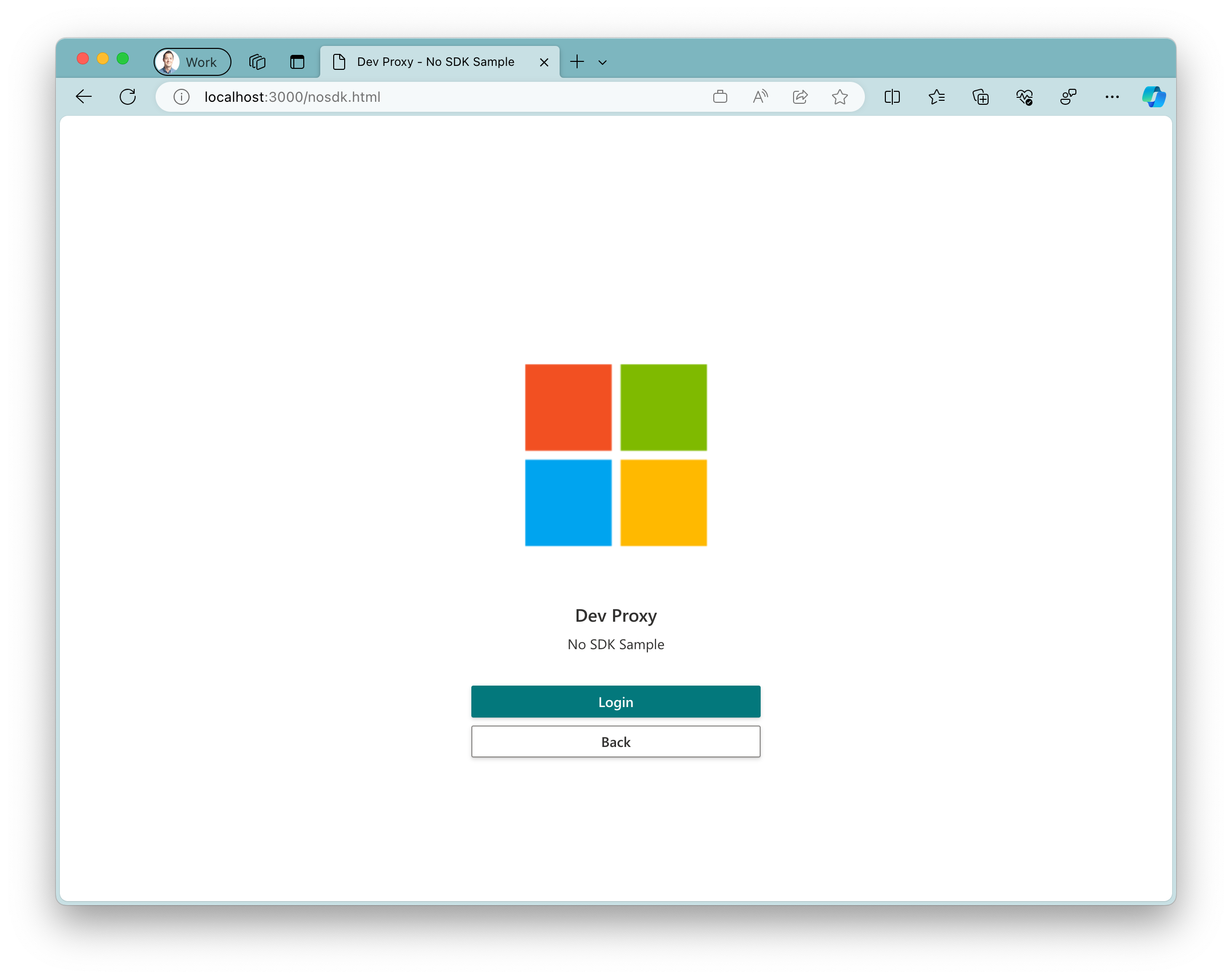 Windows 11 Microsoft Edge 浏览器中运行的示例应用的屏幕截图。该应用显示一个大型Microsoft徽标，其下方有两个按钮。一个主按钮，其中包含文本“Login”和一个包含文本“Back”的辅助按钮。
