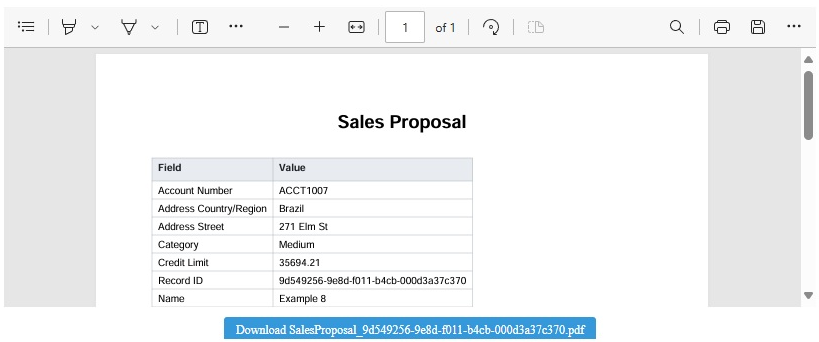 显示生成的 PDF 销售建议文档的代码解释器 PCF 组件示例