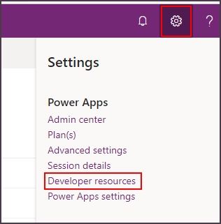Power Apps 设置中“开发人员资源”菜单的屏幕截图。