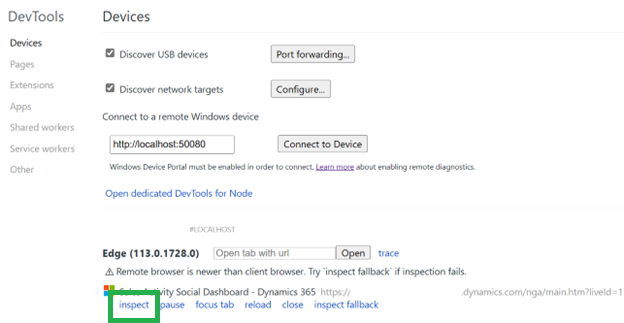 Microsoft Edge DevTools 检查页面的屏幕截图，其中显示了远程 Windows 设备连接选项。