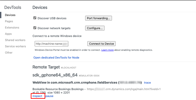 Microsoft Edge DevTools 设备屏幕的屏幕截图，其中显示了 Android 设备的远程调试选项。